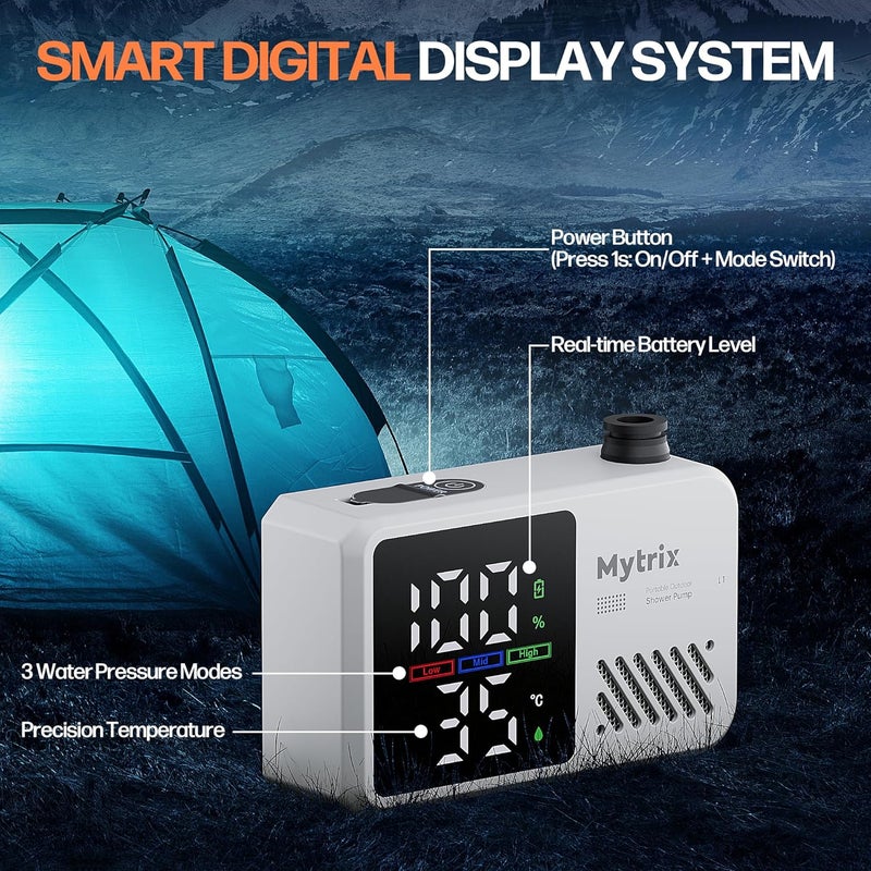 Mytrix Portable Camping Shower Pump with Foldable Bucket, 10L/Min High Flow, 7800mAh Rechargeable Battery, 4 Spray Modes, IPX8 Waterproof Outdoor Shower for Hiking, Travel & Pets - Image 4